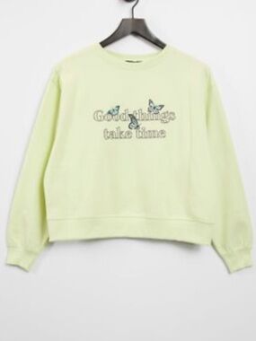 Women’s Boxy Embroideted Green Butterfly Sweatshirt Soft Crewneck Size Small